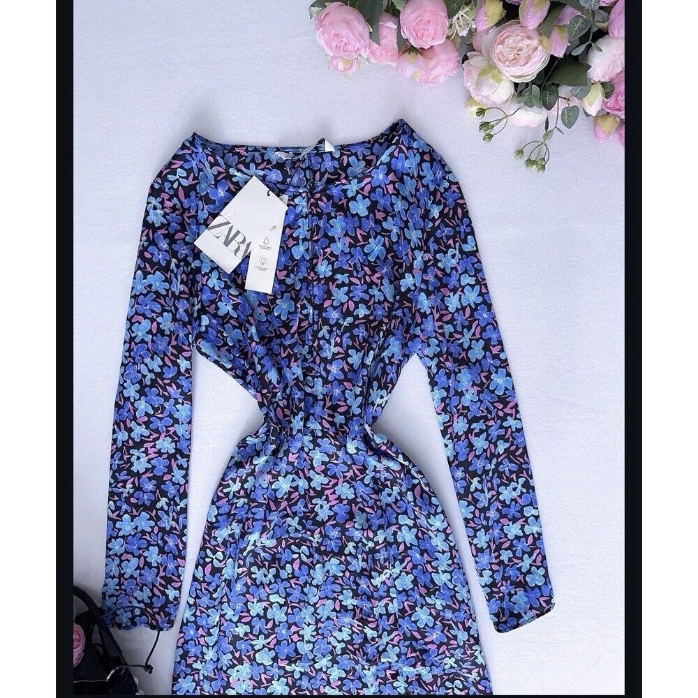Límite Edition ZARA Blue Floral Shirt Dress Midi Long Sleeve Regular Size L